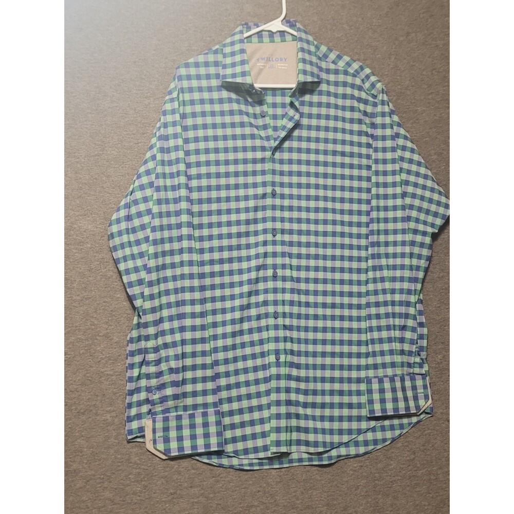Twillory 17.5 performance fabric 36-37 traditional fit plaid green blue stretch